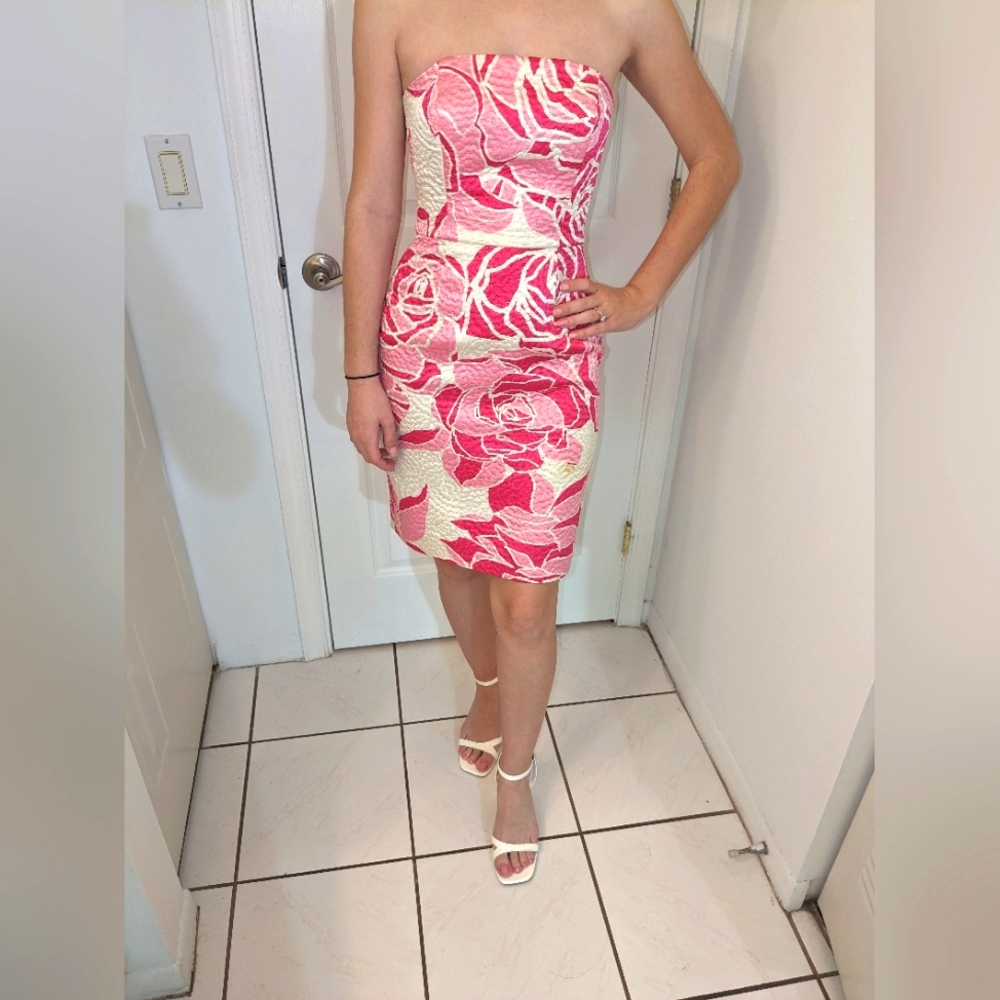 Lilly Pulitzer Pink White Strapless Silk Blend Sheath Dress Brocade Jacquard